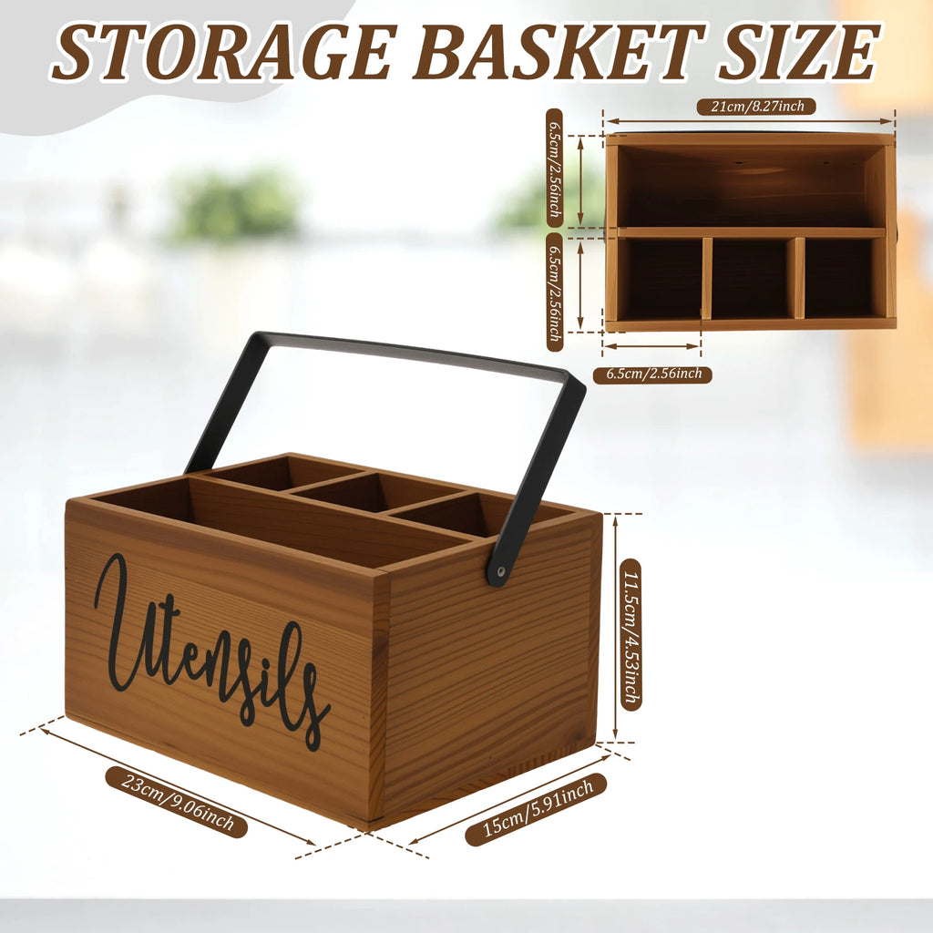 Wooden Utensil Holder 4 Compartments 23 cm Kitchen Storage Caddy with Carry Handle