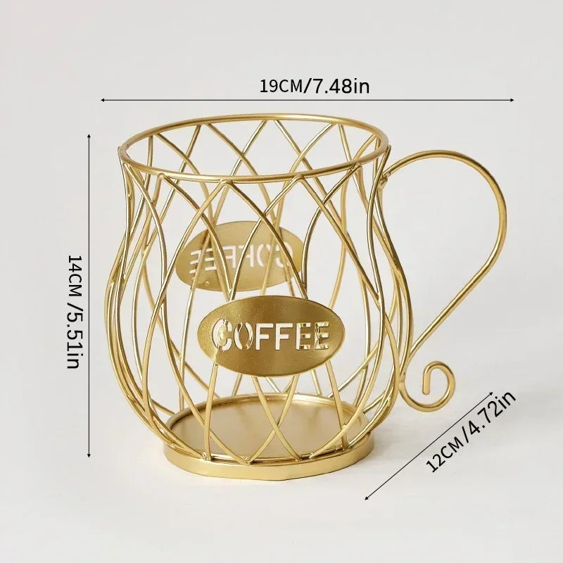 Coffee Capsule Holder Iron Hollow Basket Storage Display Stand – Gold
