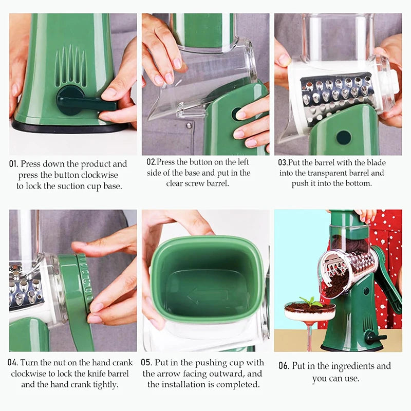 Rotary Cheese Grater 5-in-1 Stainless Steel Vegetable Slicer Nut Chopper - Green