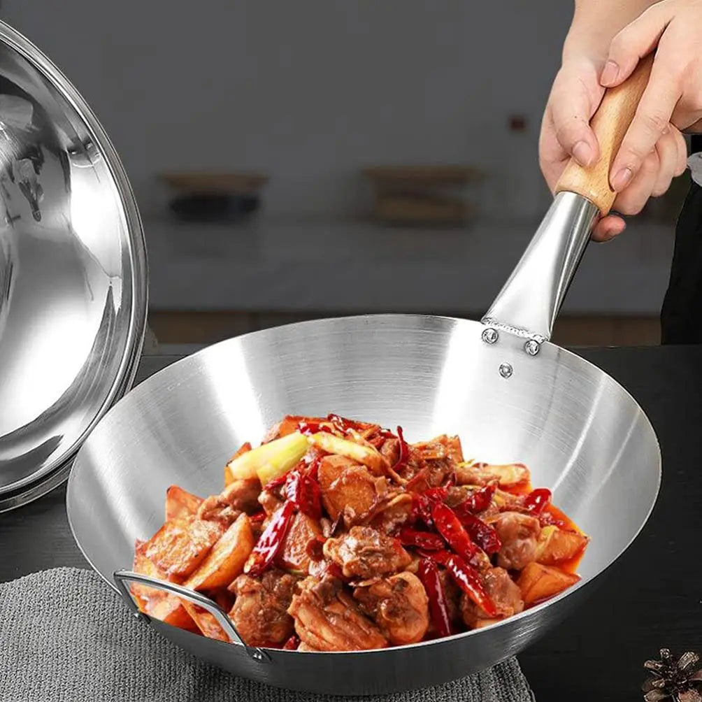 Wok 32cm Stainless Steel Round Bottom Chef Cooking Pan Beech Handle – Silver