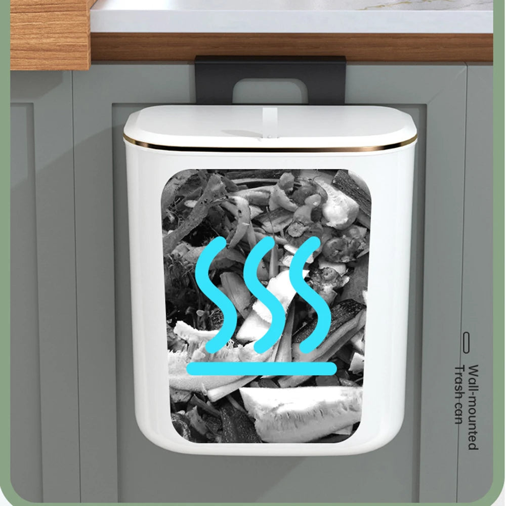 Wall Mounted Kitchen Trash Can 9L Hanging Garbage Bin with Slide Lid – White