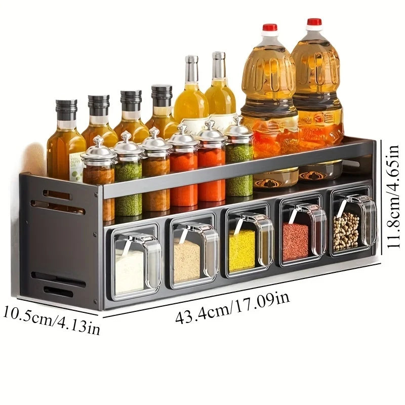 Wall Mounted Kitchen Spice Rack Storage Set with Sealed Containers and Dispensers