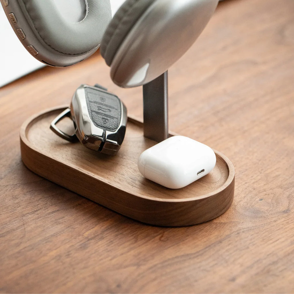 Wooden Headphone Stand with Storage Tray Desktop Headset Holder for Gaming Headphones and Accessories – Walnut