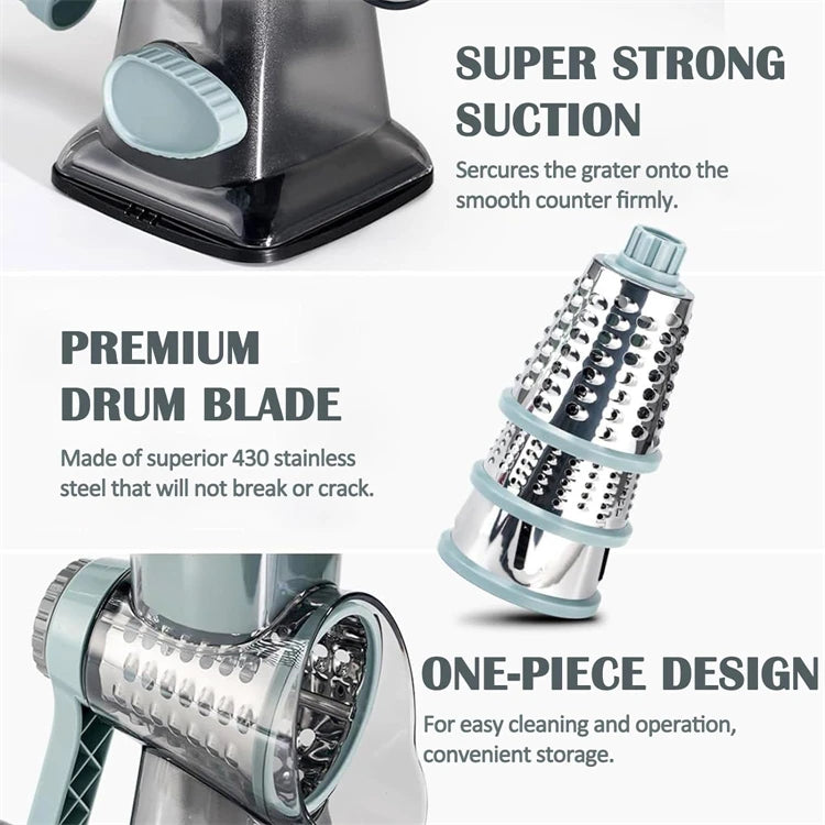 3-in-1 Rotary Cheese Grater with Manual Handle and Interchangeable Drums – Blue