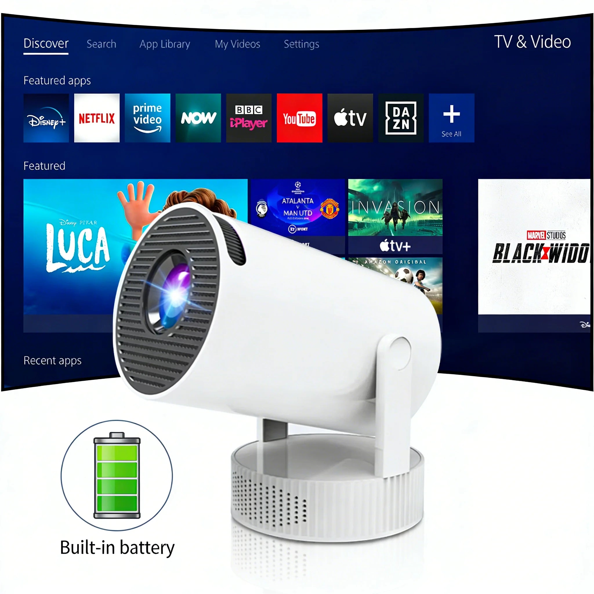 Smart Projector Native 720P WiFi 6 Bluetooth 5.4 Android 14 Portable Home Cinema