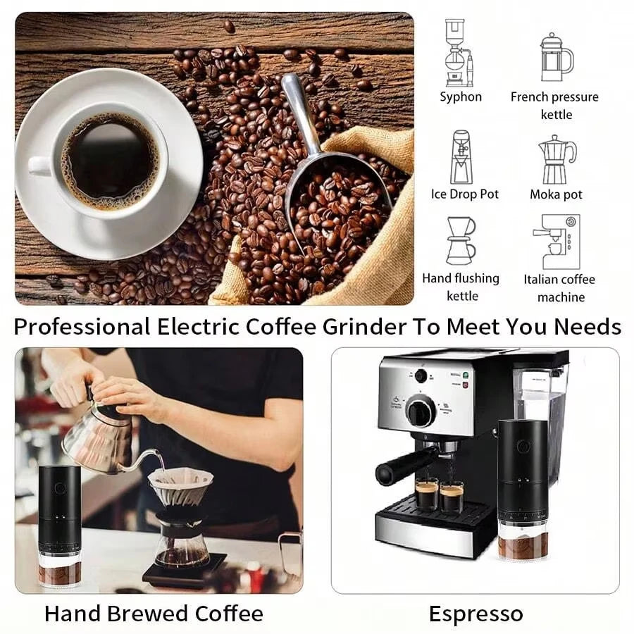 Coffee Grinder Portable Electric Bean Grinder USB Rechargeable 1500mAh Adjustable Ceramic Burr - Black
