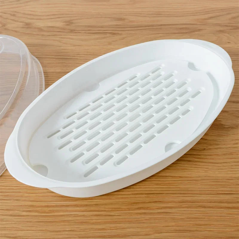 Microwave Steamer Plate with Lid Large Fish Steaming Tray Food Steamer – White