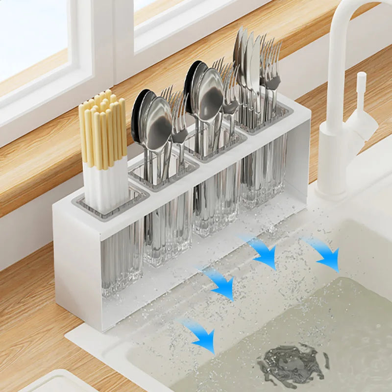 Cutlery Holder 4 Compartment Auto Draining Kitchen Utensil Drying Rack Countertop Organiser – White