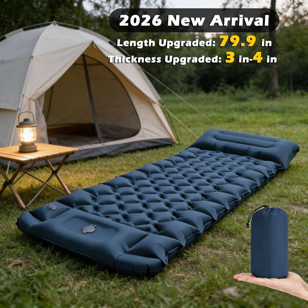 Camping Sleeping Pad Inflatable Mattress 206cm Portable Folding Bed with Built in Foot Pump - Dark Blue