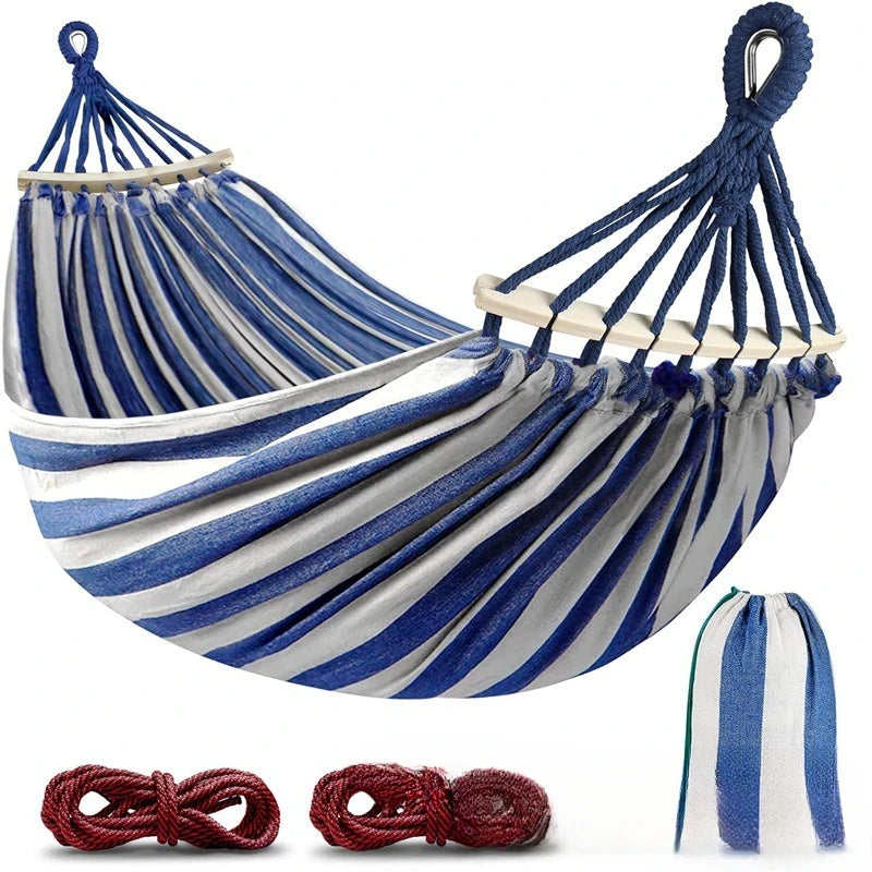 Canvas Hammock Double Camping Swing with Curved Wooden Poles – Outdoor Bed for Two - Blue