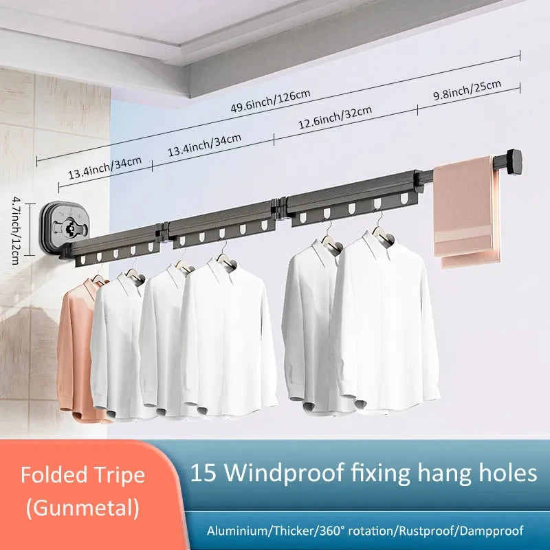 Retractable Clothes Drying Rack Wall Mounted Collapsible Laundry Hanger Rack Three Fold Gray
