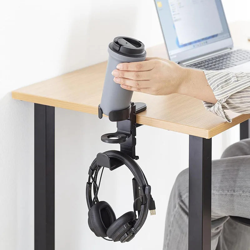 Clamp-On Desk Cup Holder with Headphone Hanger 360° Rotating Mug Holder Under Desk Organizer – Black