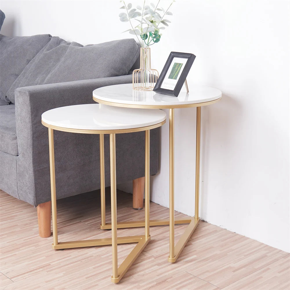 Nesting Side Table Set 2 Piece Sintered Stone Top Metal Base Round Tables - White