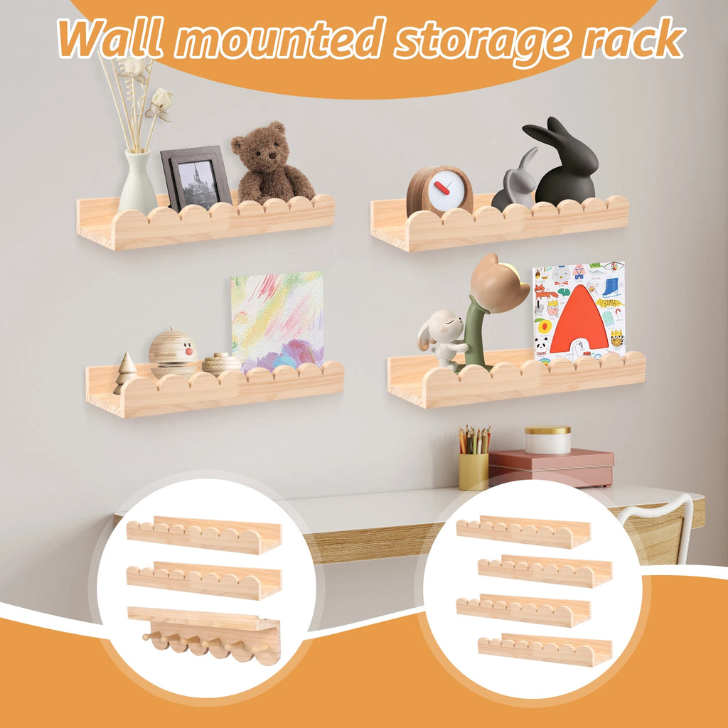 Wood Floating Wall Shelf Set with Scalloped Edge and Hooks – 3 Pieces