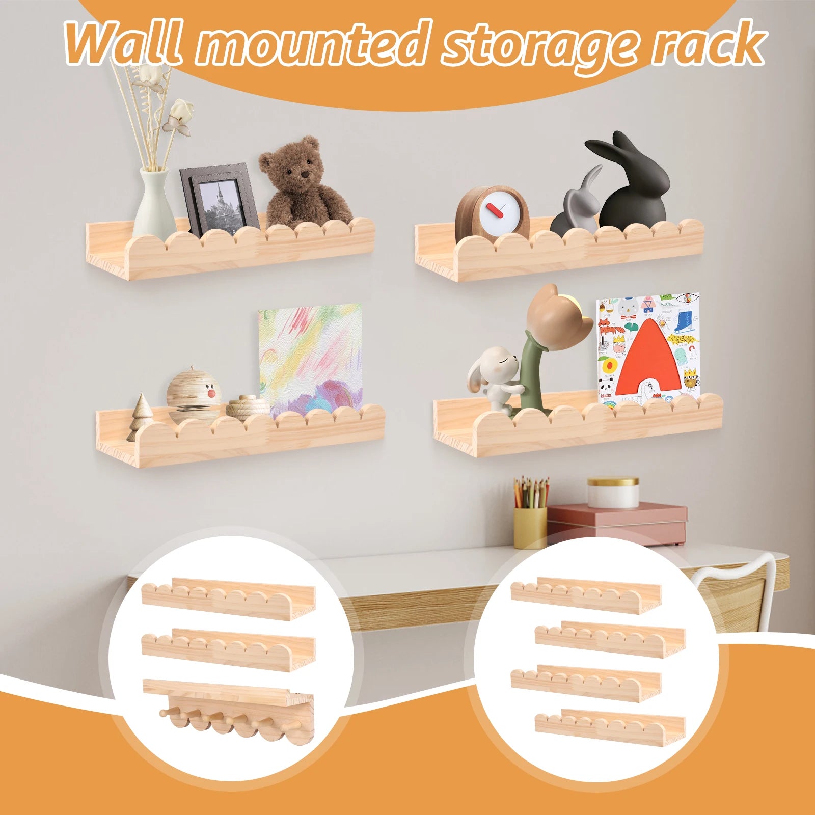 Wood Floating Wall Shelf Set with Scalloped Edge and Hooks – 3 Pieces