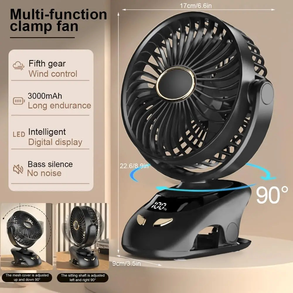 Rechargeable Clip-On Fan with 6000mAh Battery, 5 Speeds & Digital Display – Pink