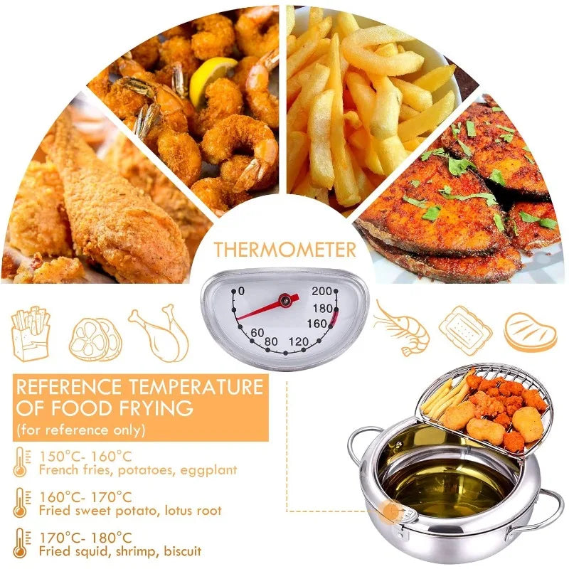 Deep Fryer 37 cm Stainless Steel Pot with Thermometer and Oil Draining Rack - Large
