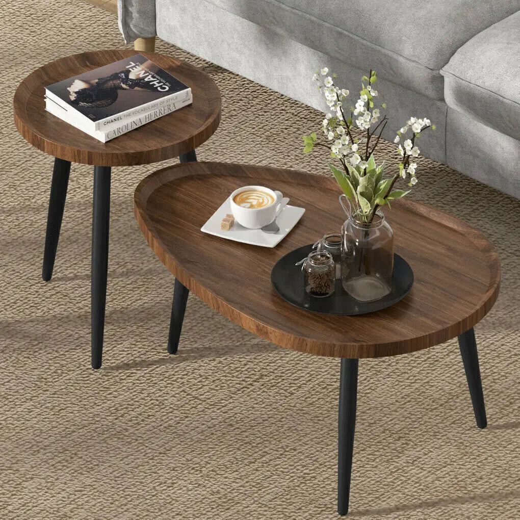 Set of 2 Nesting Coffee Tables Round Rustic Side Tables with Wood Top and Metal Legs – Chocolate