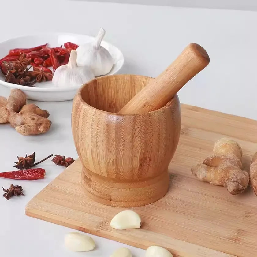Mortar and Pestle 10cm Bamboo Herb Spice Mill Garlic Masher Kitchen Preparation Tool