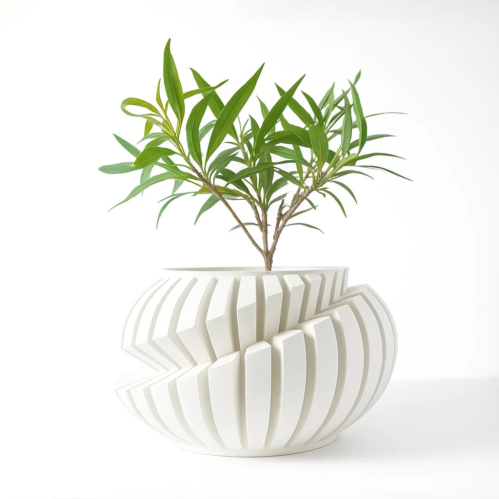 3D Printed Flower Pot PLA Geometric Textured Planter for Desktop Decor - Matte Cotton White