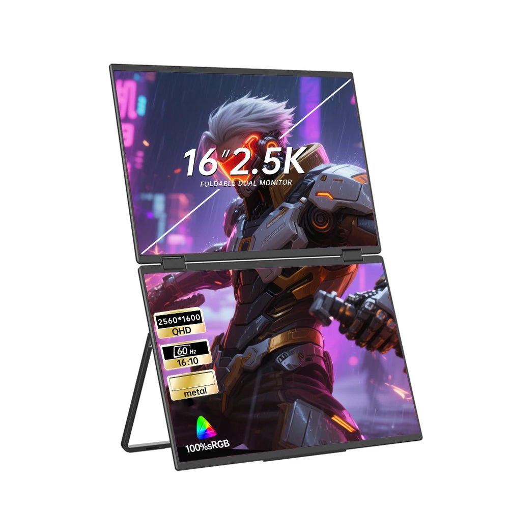Portable Dual Screen Monitor 16 Inch 2.5K QHD IPS Foldable Laptop Screen Extender USB-C HDMI