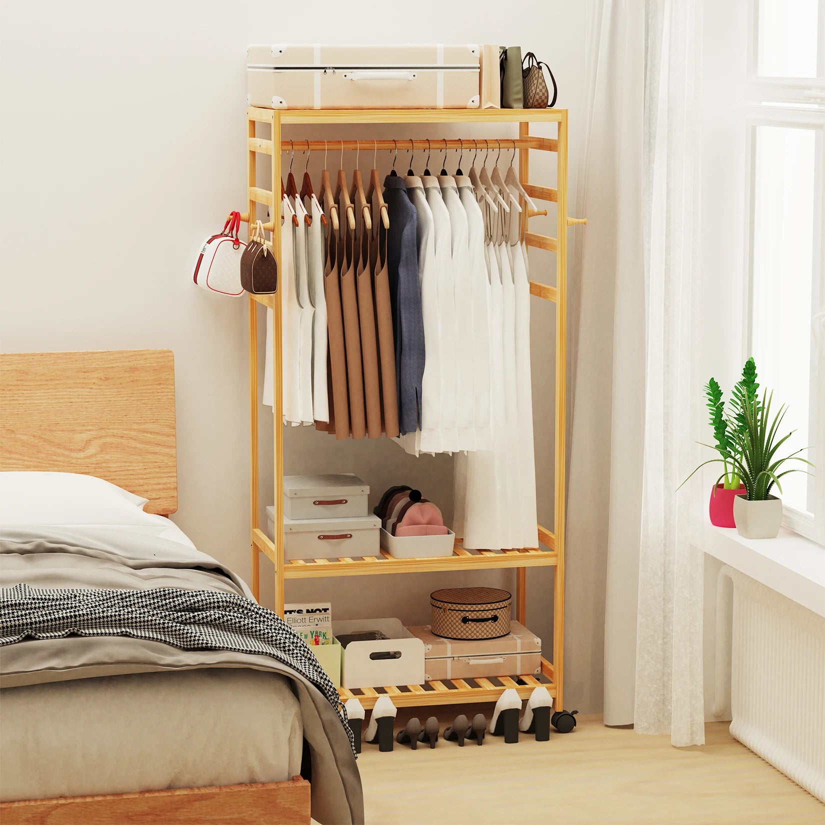 Heavy Duty Bamboo Clothes Rack with Shelves Rolling Garment Rail Open Wardrobe and Side Hooks – Natural Wood