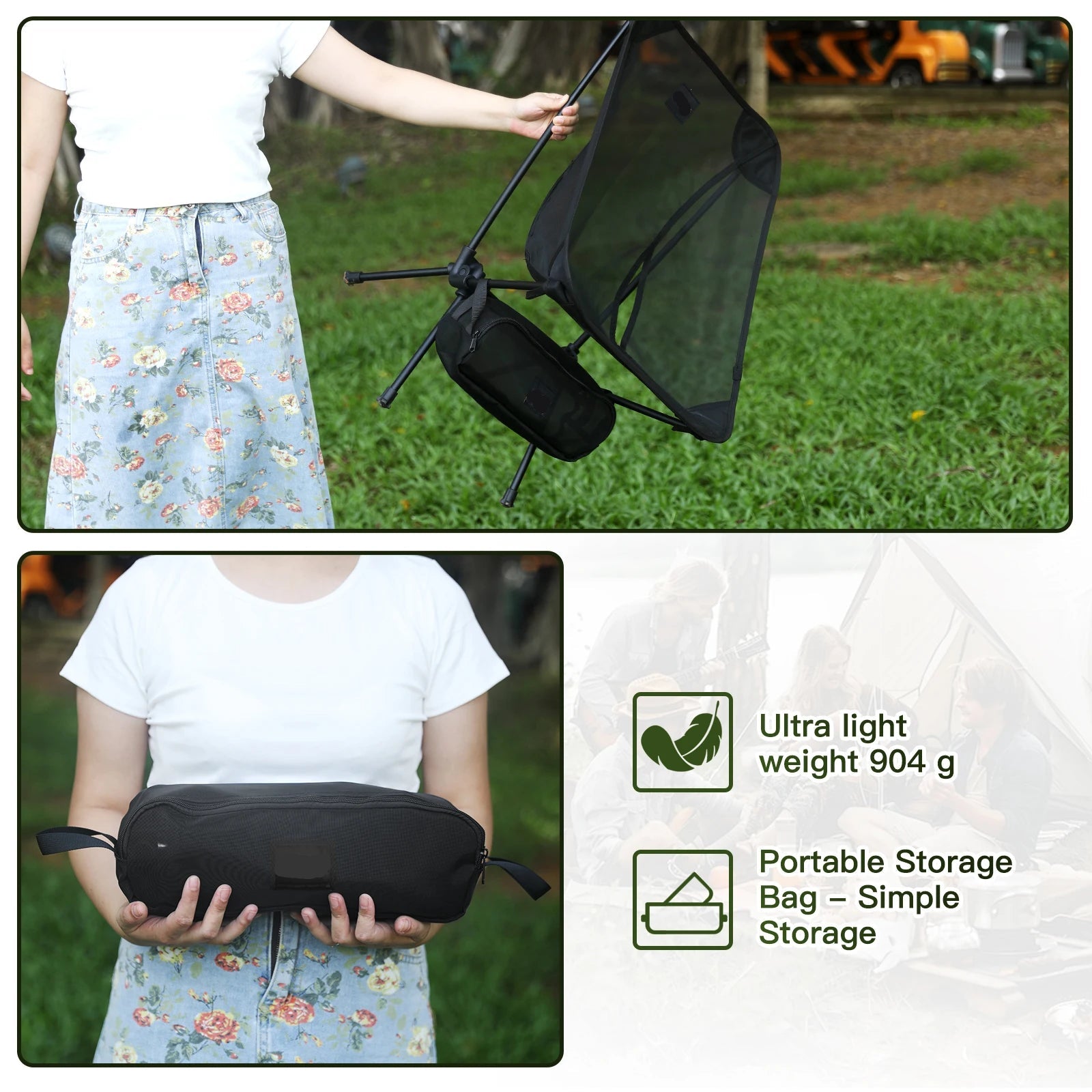 Moon Chair – Breathable Outdoor Camping & Fishing Chair, 7075 Aluminum Alloy, Mesh Surface, 2 Pack - Black