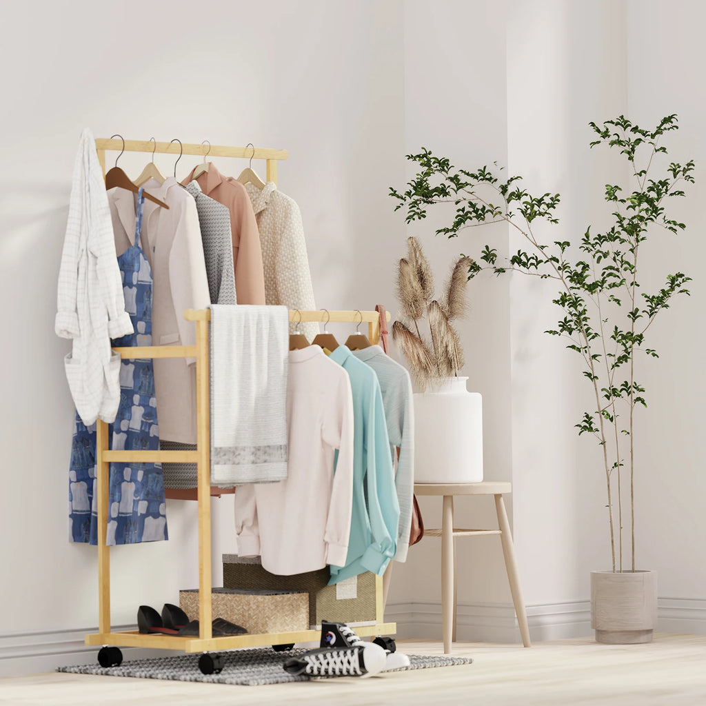 Bamboo Clothes Rack with Double Hanging Rails Rolling Garment Stand with Storage Shelf and Side Rail – Natural Wood