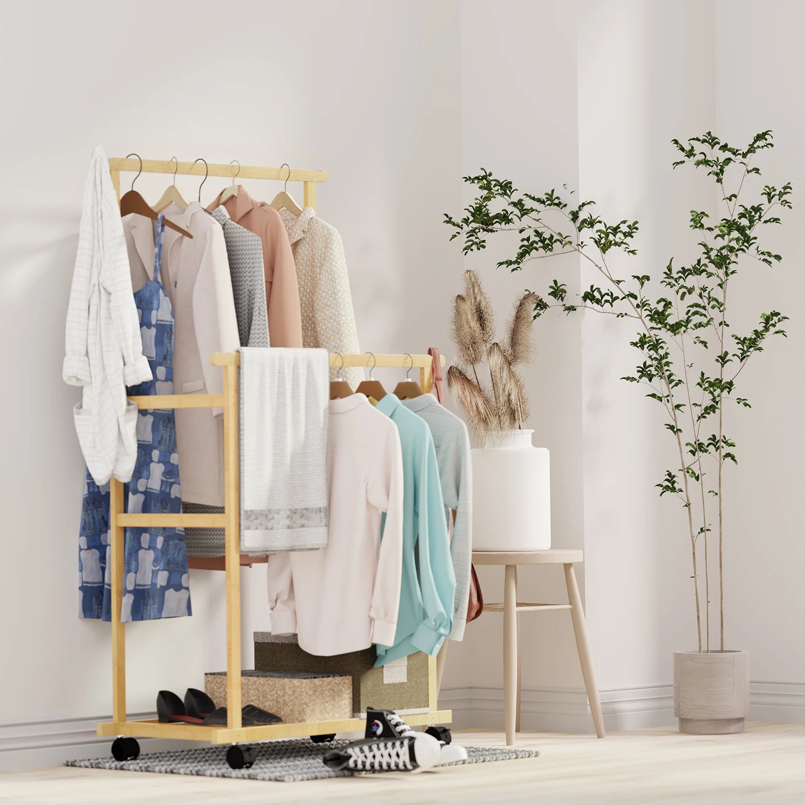 Bamboo Clothes Rack with Double Hanging Rails Rolling Garment Stand with Storage Shelf and Side Rail – Natural Wood