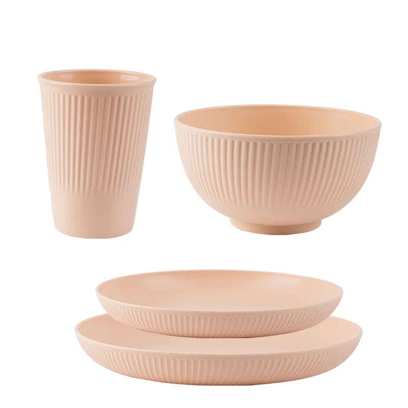 4 Piece Wheat Straw Dinnerware Set Bowl Cup Plate Tableware Kit for Camping and Picnics – Pink