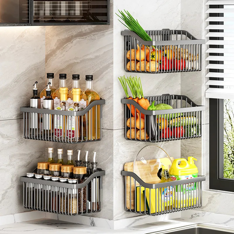 No Drill Wall Mounted Kitchen Storage Rack Metal Spice Organizer Vegetable Basket Shelf – Black