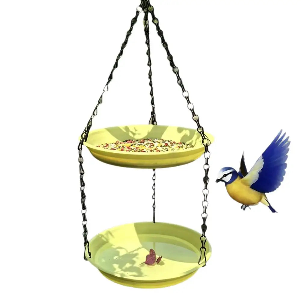 Outdoor Hanging Bird Bath and Double-Tier Bird Feeder Dish with Water Bowl and Chain – Yellow