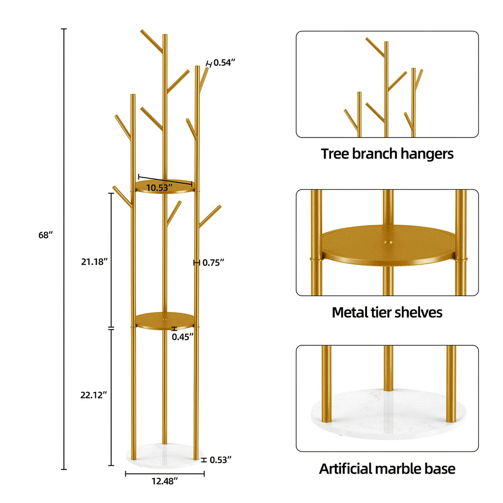 Coat Rack Stand 172cm Metal Hall Tree with Marble Shelf 9 Hooks Freestanding - Gold