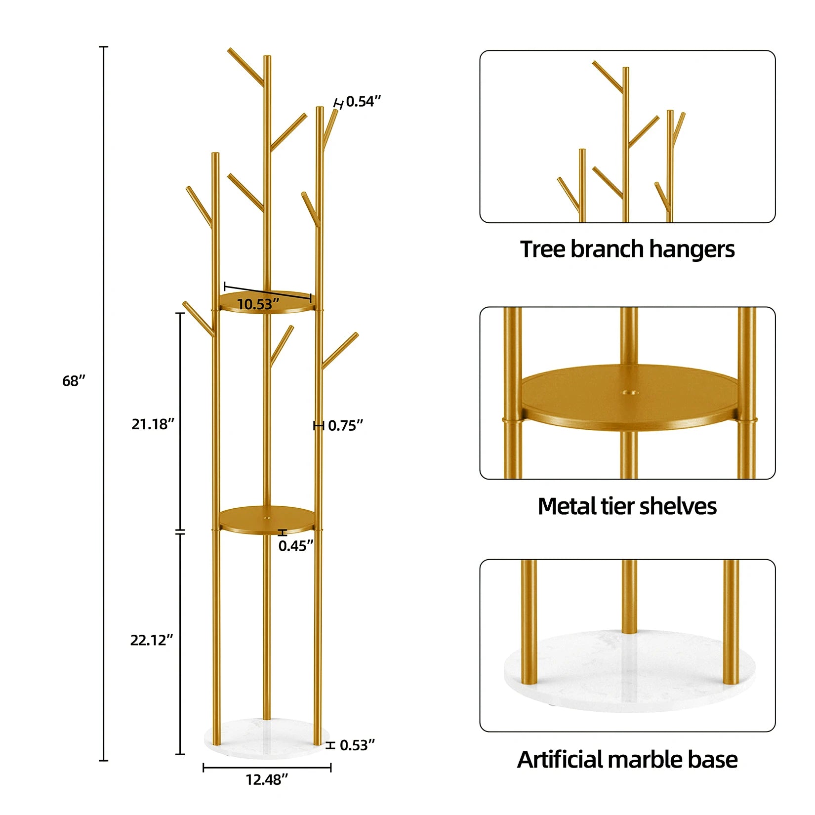 Coat Rack Stand 172cm Metal Hall Tree with Marble Shelf 9 Hooks Freestanding - Gold