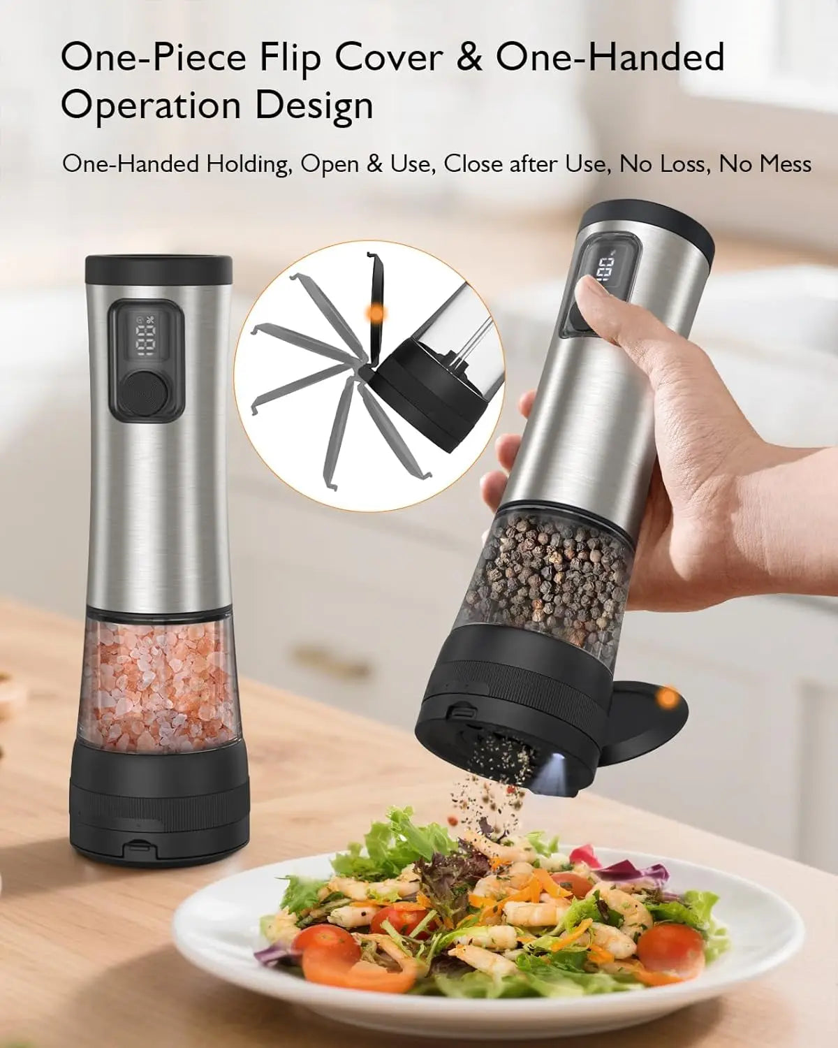 Salt and Pepper Mill 16.9 cm Electric Spice Mill with 5 Coarseness Levels and LED Light for Kitchen Use