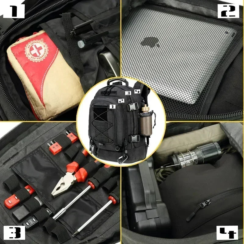 Tactical Backpack 60L Expandable Waterproof Hiking Travel Laptop Bag - Black