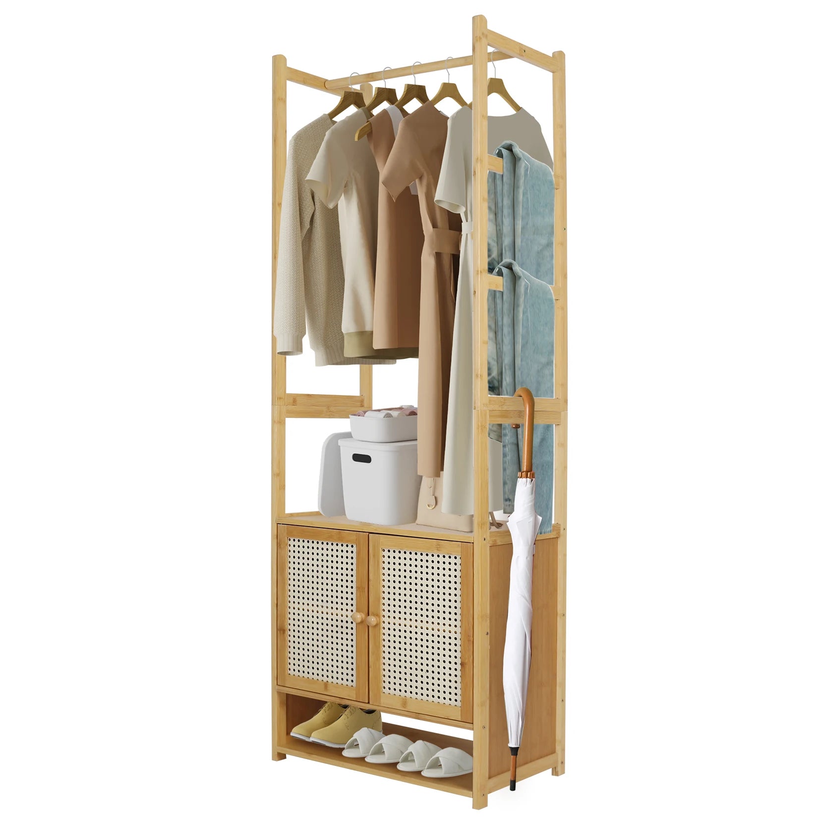 Bamboo Clothes Rack with Storage Cabinet Hanging Rail and Shelves Freestanding Wardrobe Organizer – Natural Wood