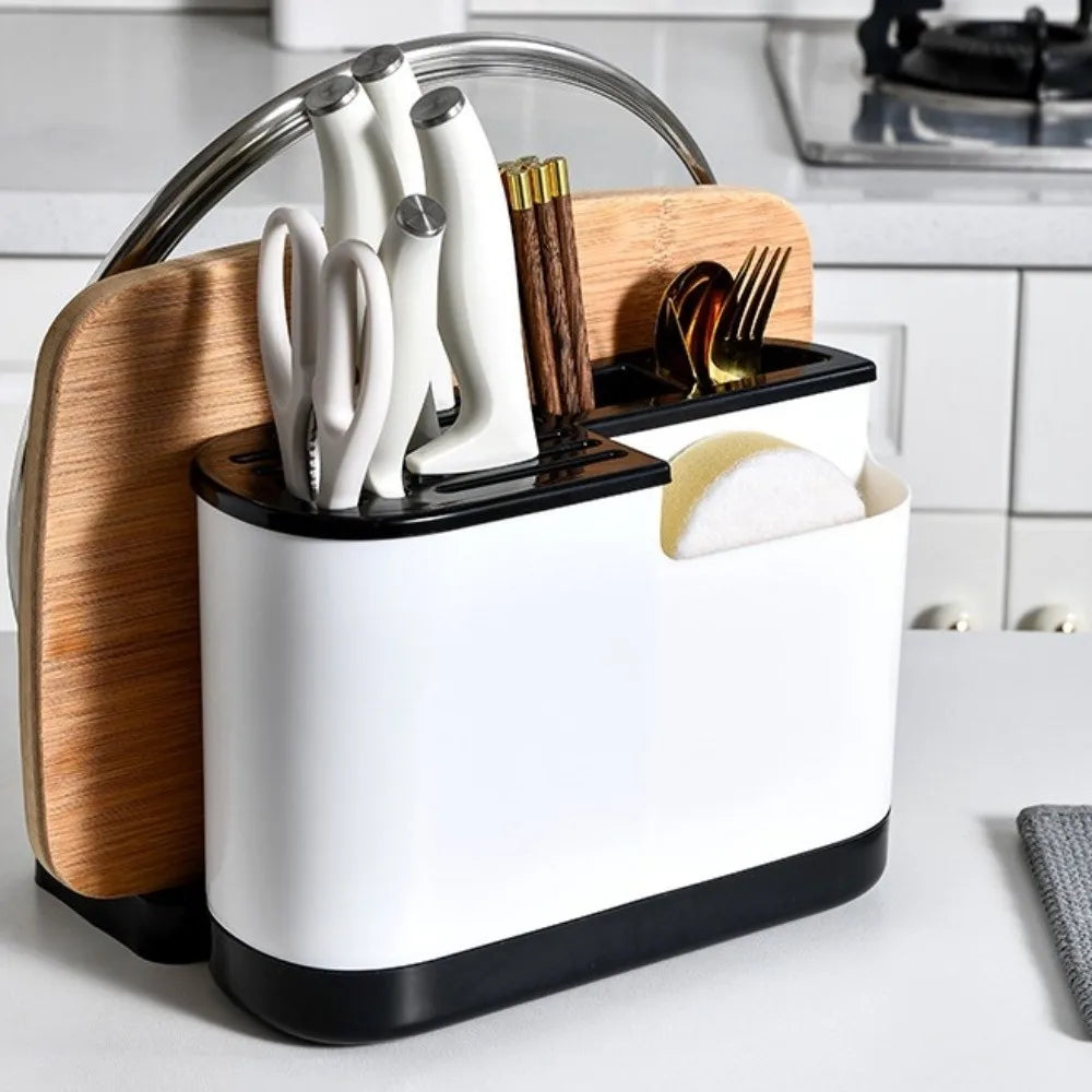 Large Capacity Kitchen Cutlery Holder Chopping Board Rack with Self-Draining Storage Organizer – Grey