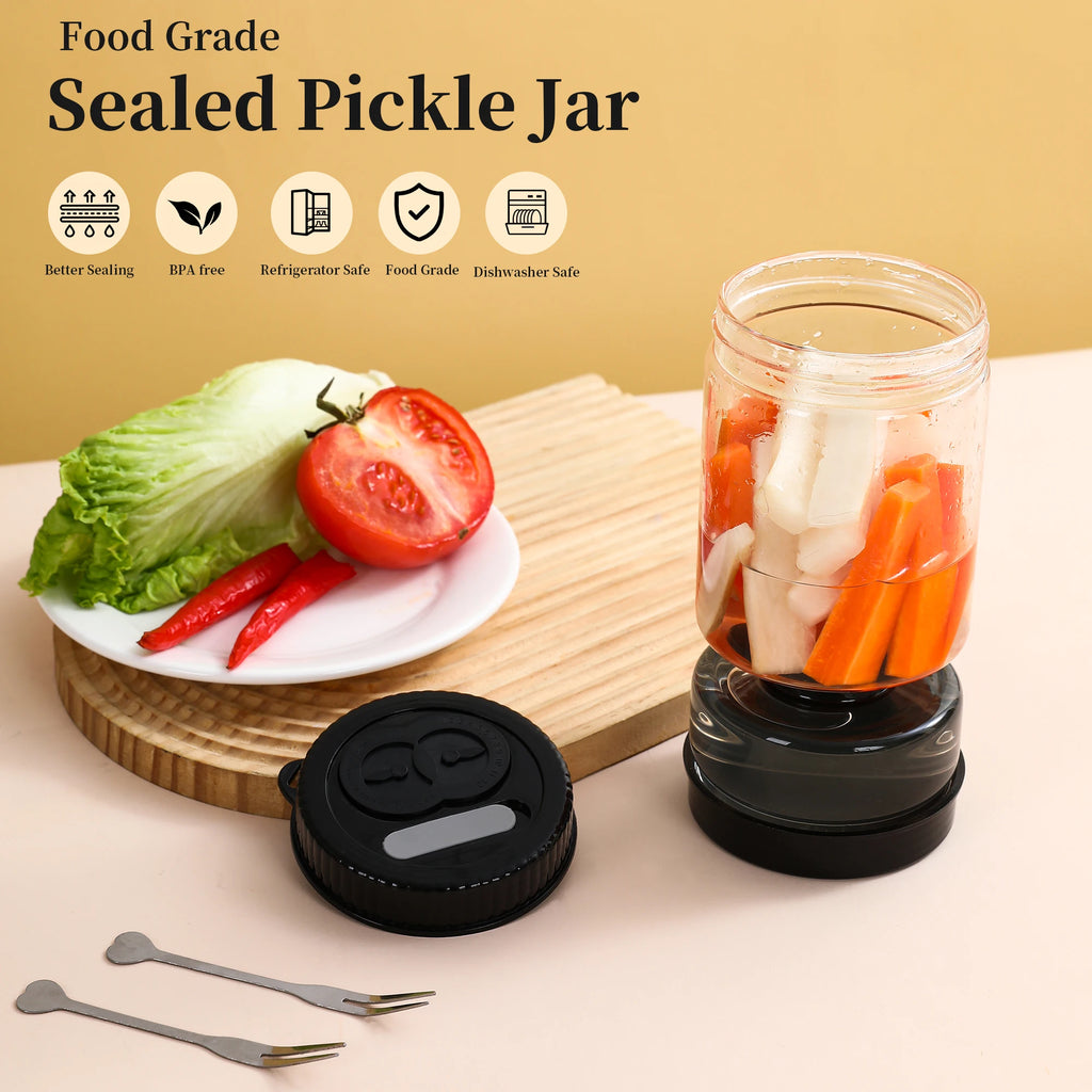 Olive and Pickle Jar Glass Hourglass Strainer with Flip Lid and 2 Forks - Black
