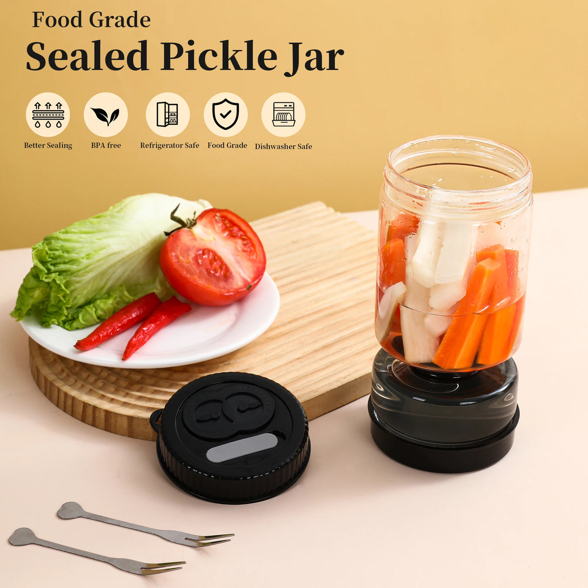 Olive and Pickle Jar Glass Hourglass Strainer with Flip Lid and 2 Forks - Black