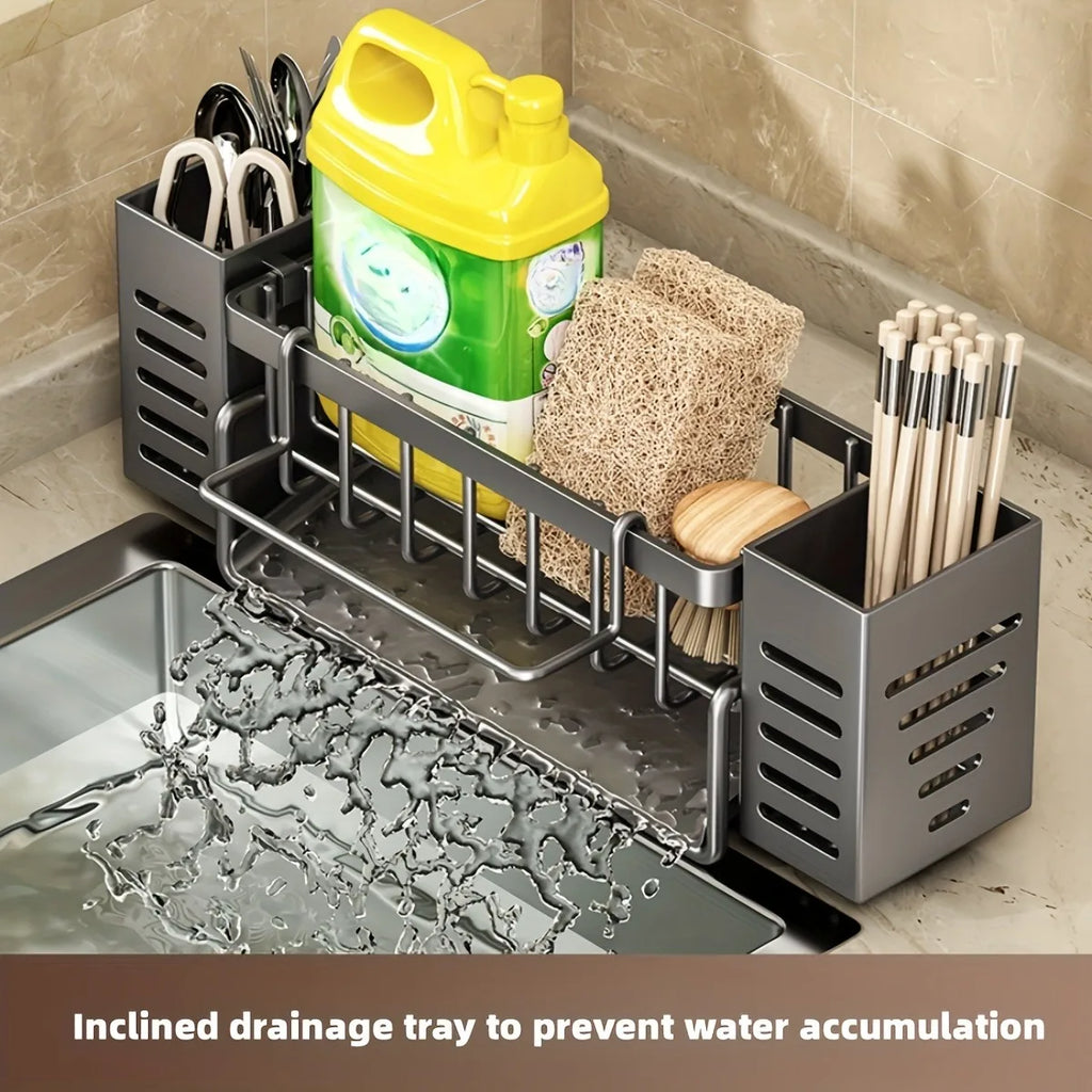 Sink Caddy Self Draining Sponge and Brush Holder Kitchen Sink Organiser - Black