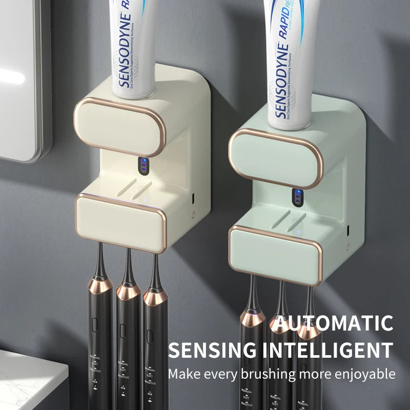 UV Toothbrush Holder Wall Mounted Automatic Toothpaste Dispenser Storage Rack – White