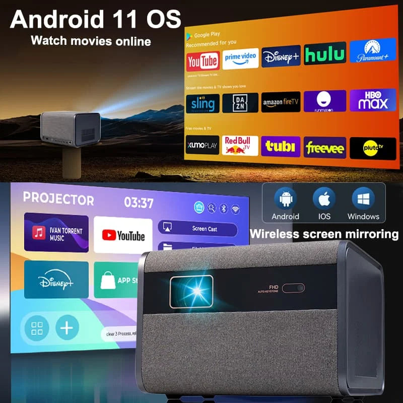 Smart Projector Native 1080P 4K Supported Android 11 WiFi 6 Bluetooth AU Plug – Grey