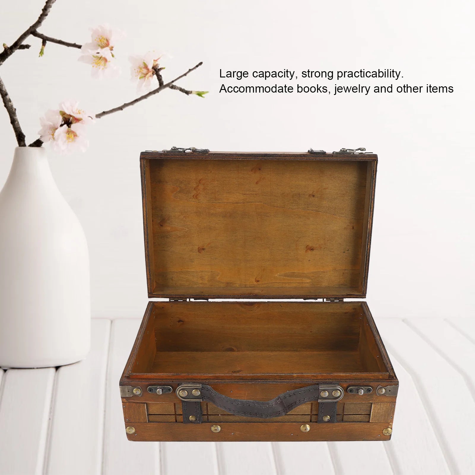 Wooden Storage Trunk Portable Vintage Handbag Style 34.3 cm Heavy Duty Multifunction Box