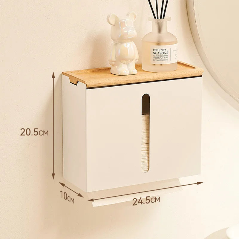 Portable Wooden Wall Mounted Small Toilet Tissue Holder Storage Box, White Bathroom Organizer