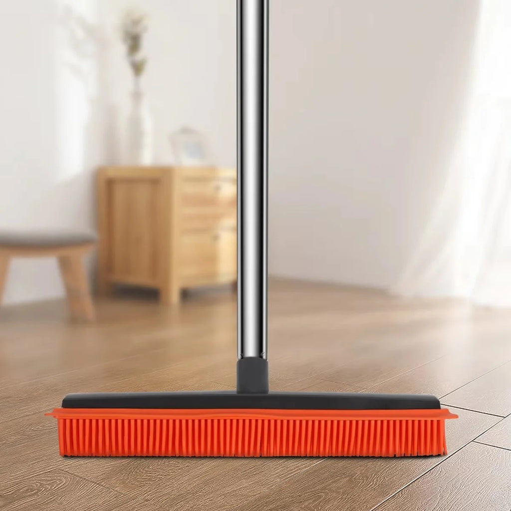 Rubber Broom with Squeegee Adjustable Handle Pet Hair Carpet Cleaner - Red