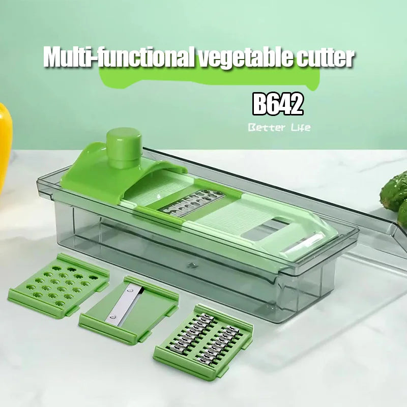 Mandoline Vegetable Slicer Multifunctional Food Slicer Cheese Grater with Storage Container – Green
