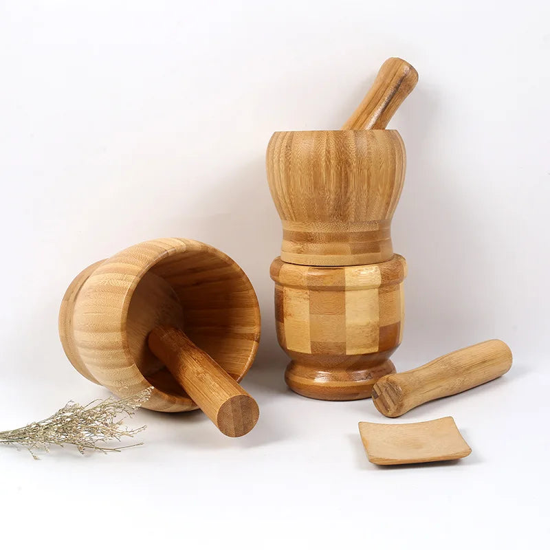 Mortar and Pestle 6.5cm Bamboo Herb Spice Mill Garlic Masher Kitchen Preparation Tool