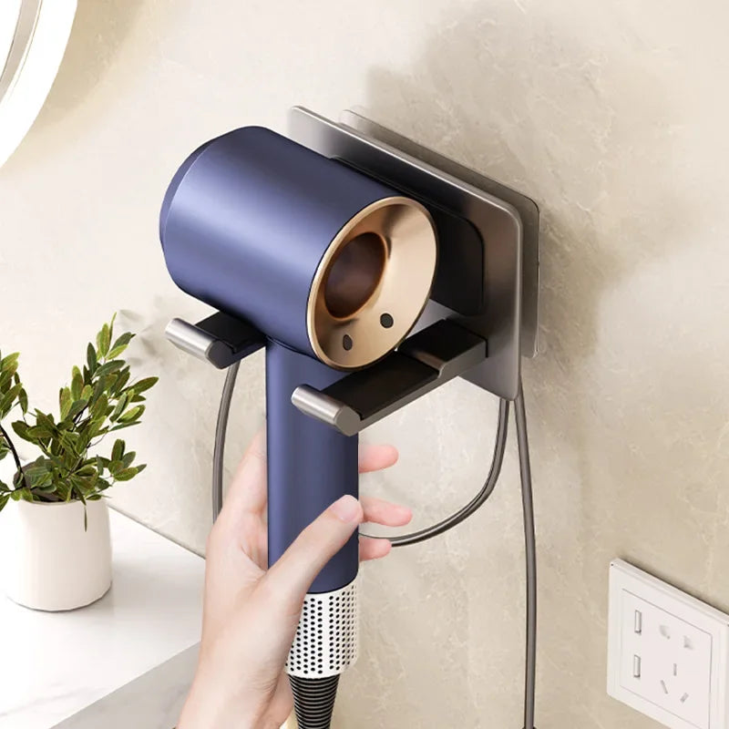 Wall Mounted Hair Dryer Holder Aluminum Alloy Bathroom Storage Rack - Grey