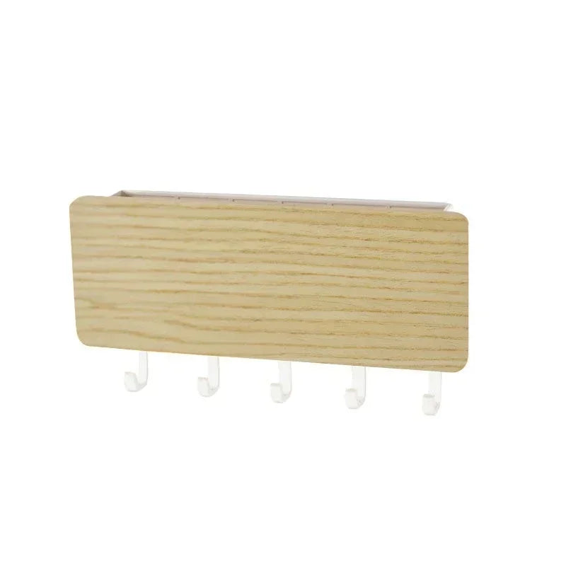 Wall Mounted Bamboo Key Holder Rack with 6 Hidden Hooks Entryway Organiser – White